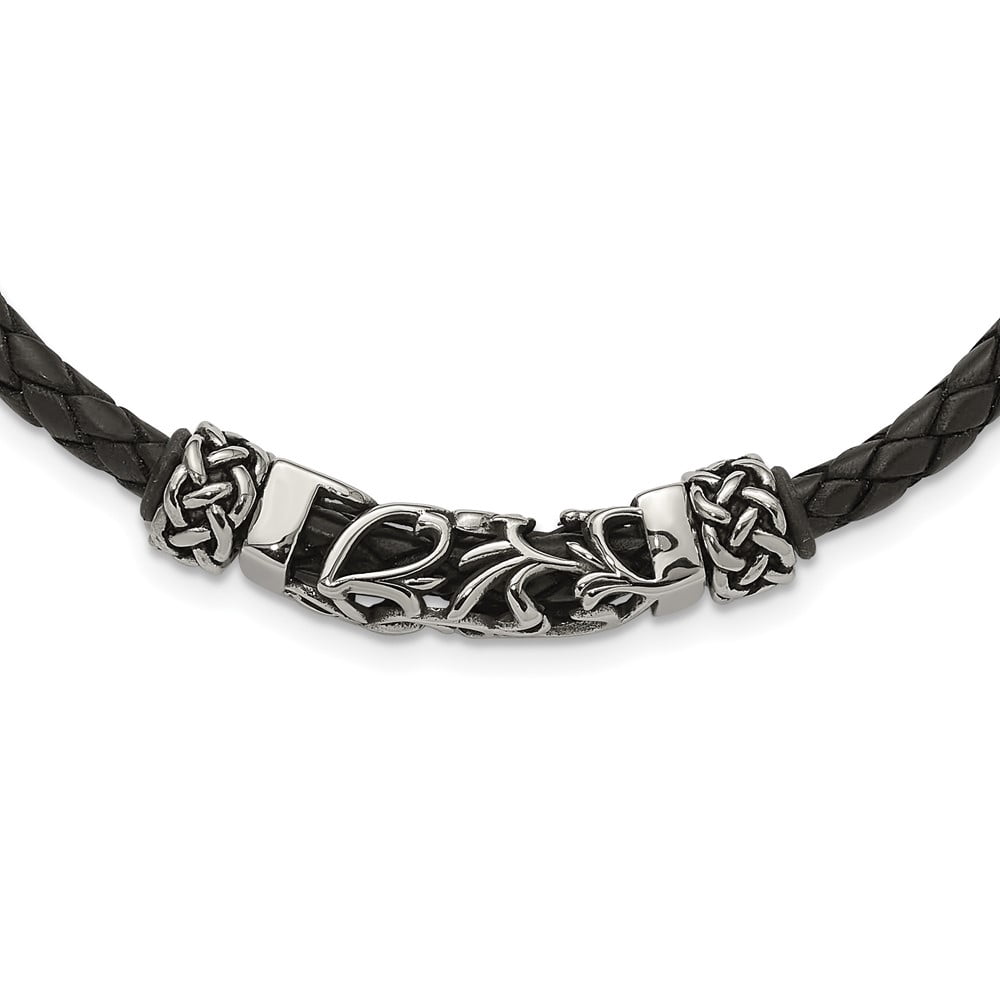 Stainless Steel Cord & Leather Necklace Chain Chisel Black with Antiqued Beads 19.75 inch 10 mm