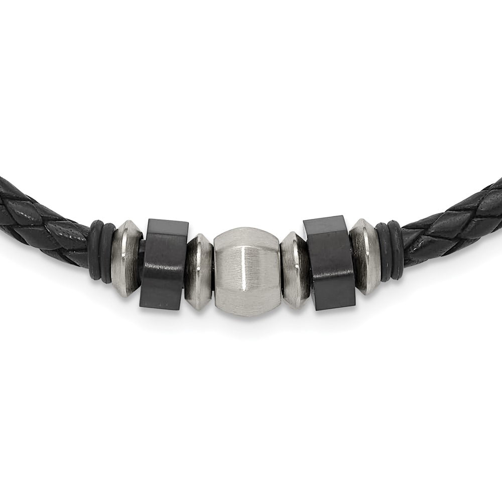 Stainless Steel Cord & Leather Necklace Chain Chisel Brushed Black IP-plated and Rubber 19.25 inch 11 mm