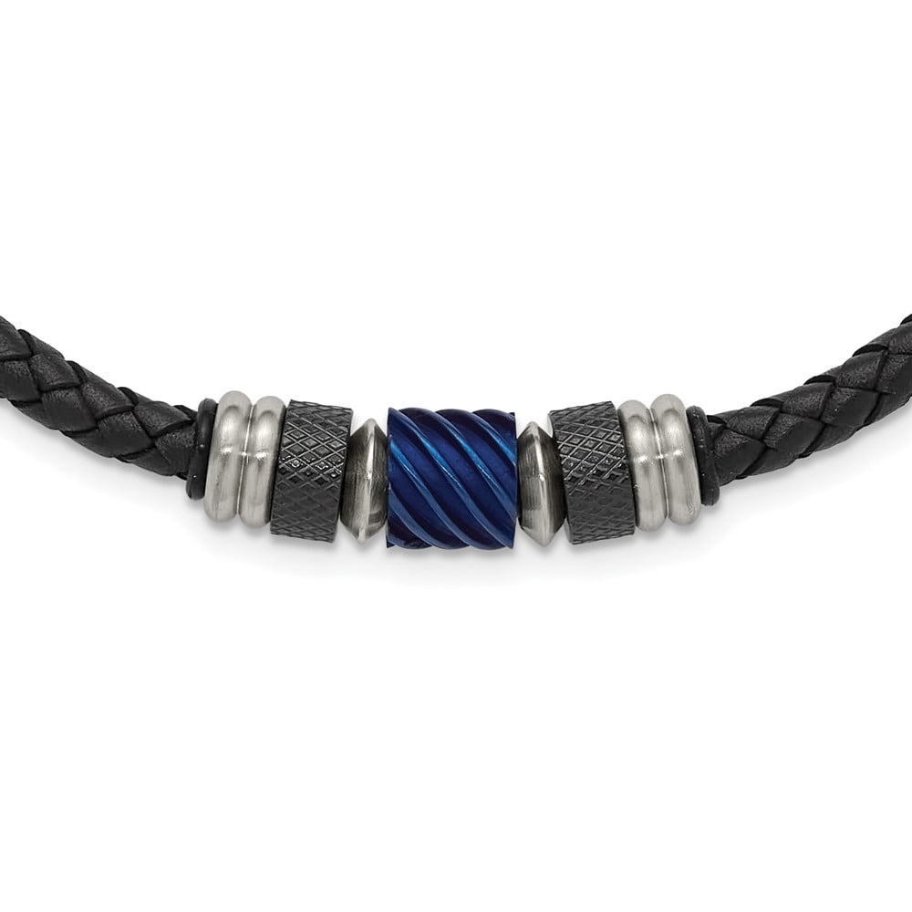 Stainless Steel Cord & Leather Necklace Chain Chisel Brushed and Polished Black Blue IP-plated Rubber 20 inch 11 mm