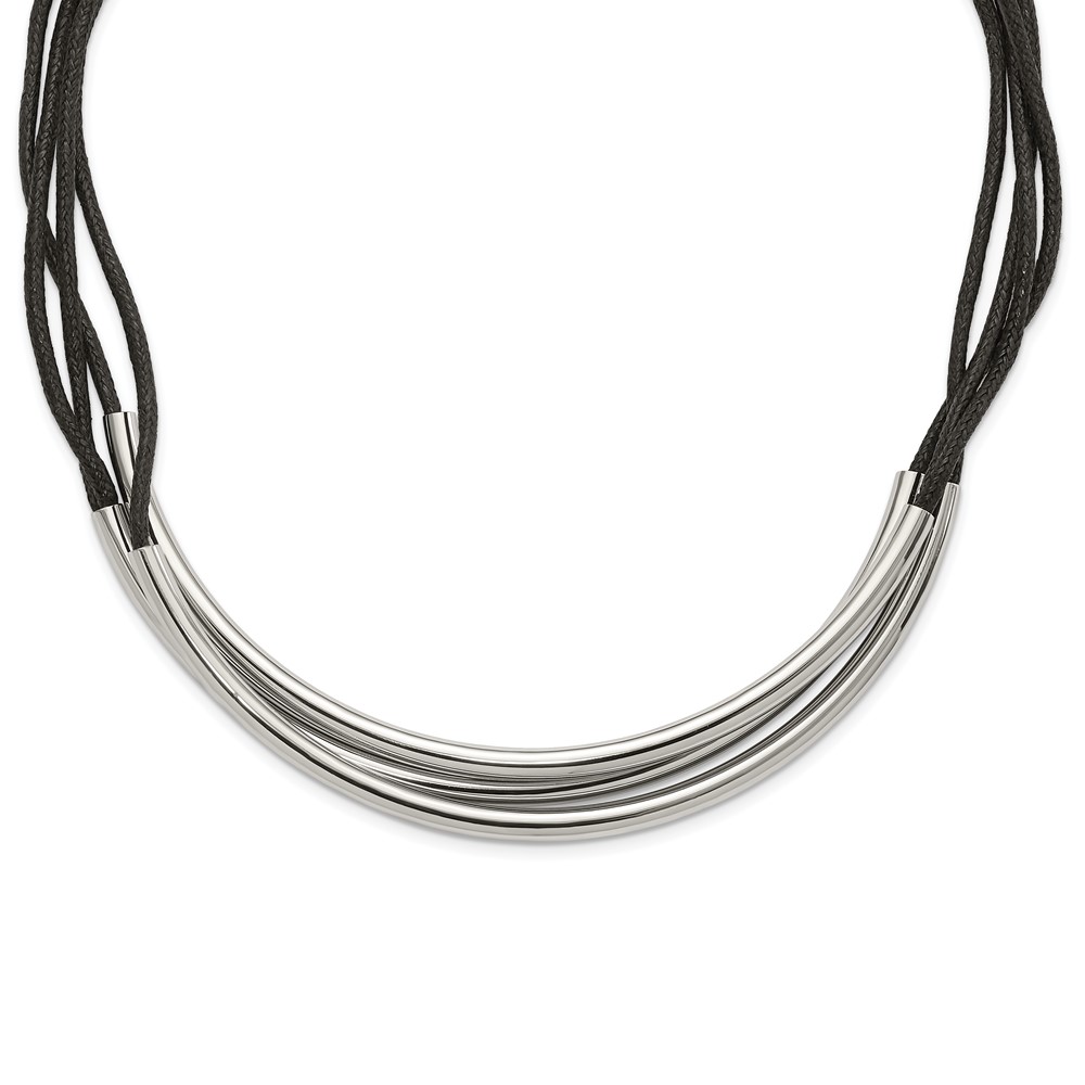 Stainless Steel Cord & Leather Necklace Chain Polished 3 Tube w/ Black Wax 18 inch 5 mm