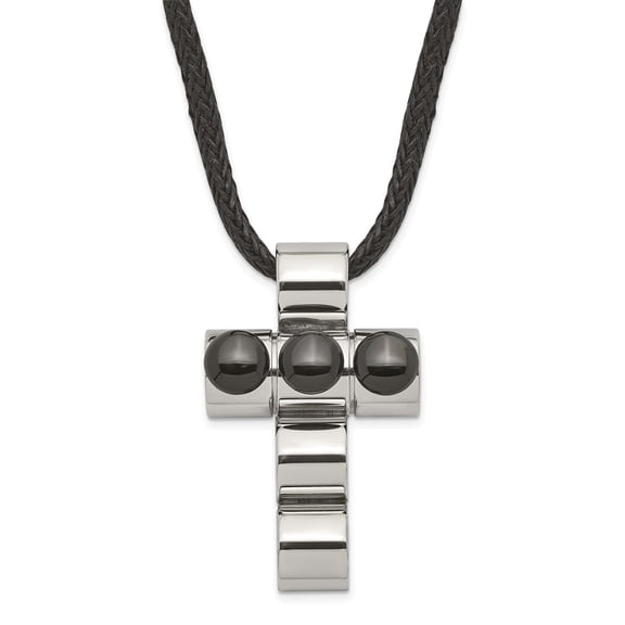 Stainless Steel Cord Necklace with Pendants Chain Black IP-plated Bead Cross on 20 inch