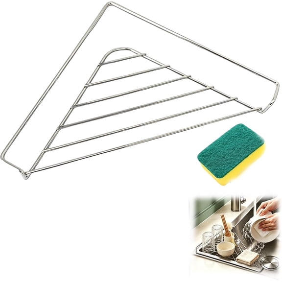 Stainless Steel Corner Sink Shelf, Multipurpose Space-Saving Triangular Kitchen Sink Caddy, Fast-Draining Open Design with Raised Side Support for Kitchen Counter Home Restaurant