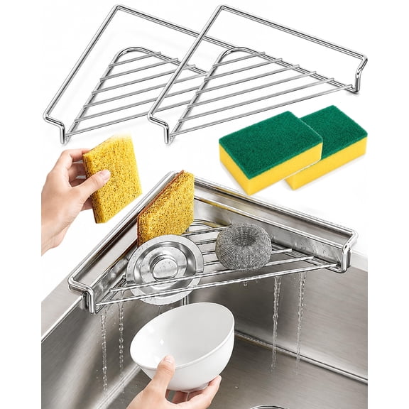 Stainless Steel Corner Sink Shelf with Triangular Open Wire Rac | Fast Self-Draining & Stainless Steel Corner Sink Drying Rack, Corner Sink Strainer Sponge Holder for Kitchen Sink