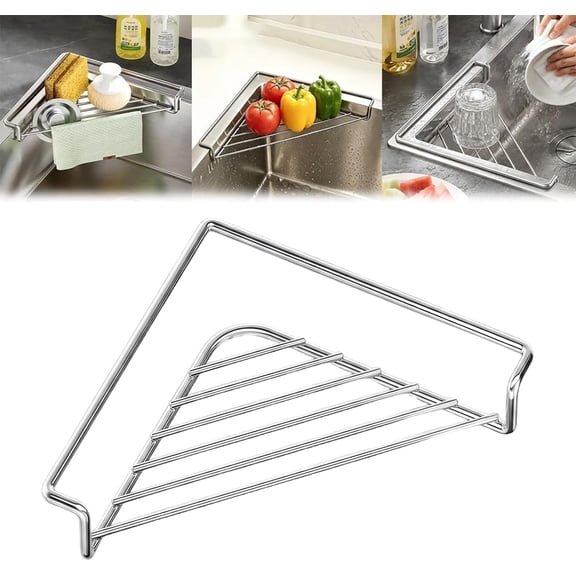 Stainless Steel Corner Sink Shelf, stainless steel corner sink caddy, Triangular Slatted Design Lets Water Drain into, Sponges Soap Plates Cups for Kitchen Counter Home Restaurant