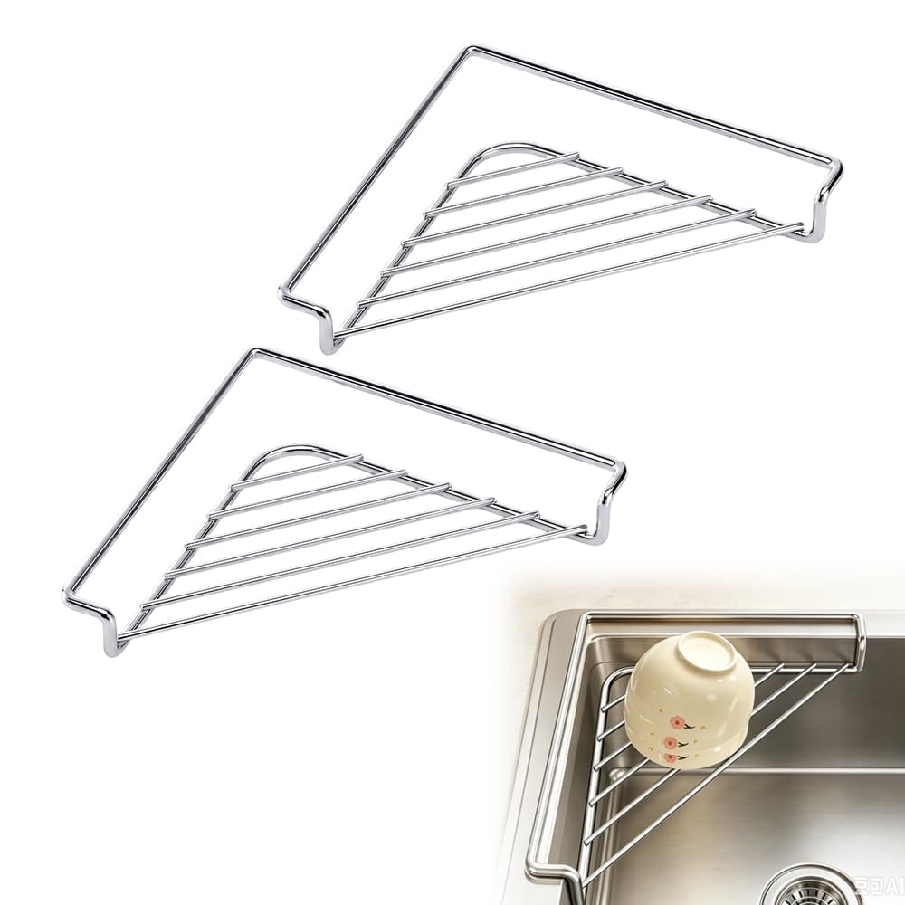 Stainless Steel Corner Sink Shelf with Triangular Open Wire Rack Dish ...