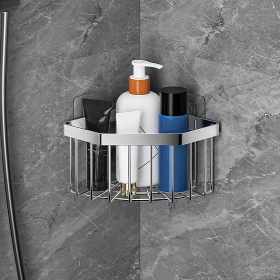Stainless Steel Corner Sponge Storage Basket - Triangle Hole-Free Drains Rack for Kitchen Sink & Bathroom, Nail-Free Adhesive Shelf, Rust-Proof Organizer, Silver Grey, 7x5x3.5IN