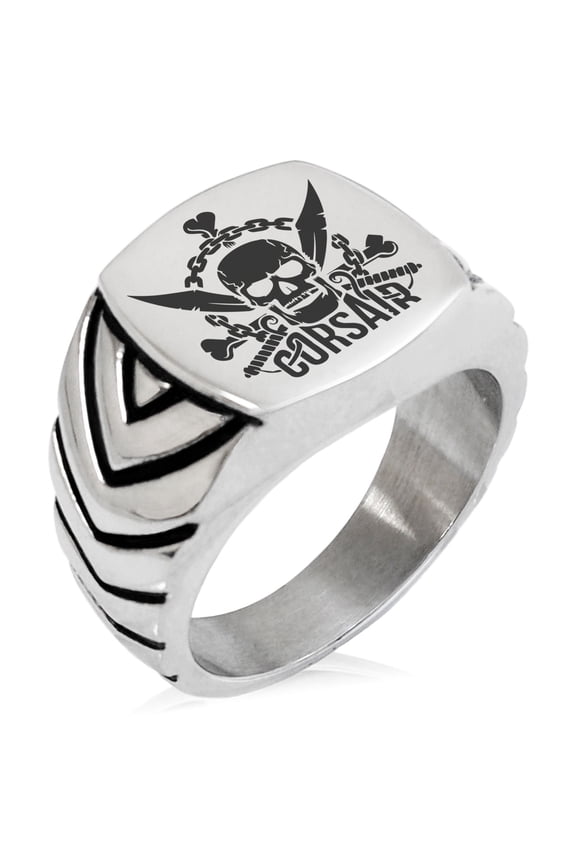 Stainless Steel Corsair Pirate Skull Emblem Chevron Pattern Biker Style Polished Ring