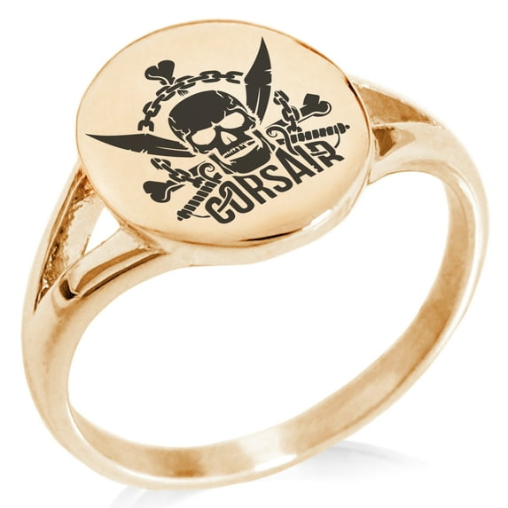 Stainless Steel Corsair Pirate Skull Emblem Minimalist Oval Top Polished Statement Signet Ring