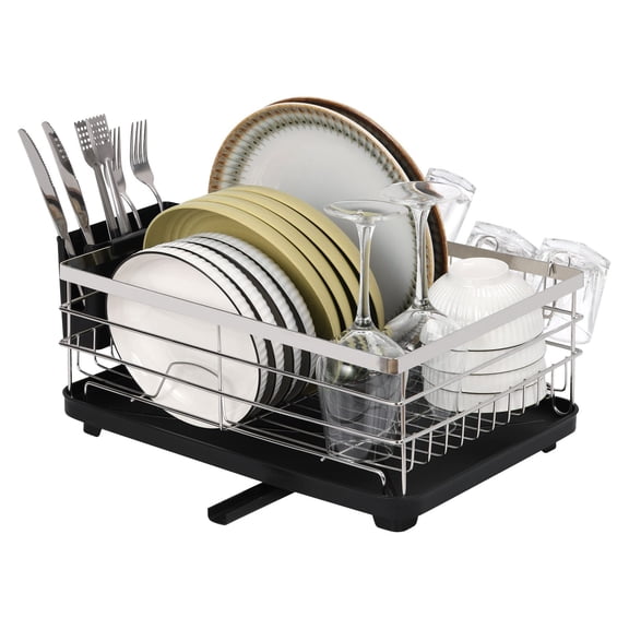 Stainless Steel Countertop Dish Drying Rack with Utensil Holder, Wine Glass Rack & Cutting Board Rack - Multifunctional Kitchen Drainer with 360° Adjustable Drain