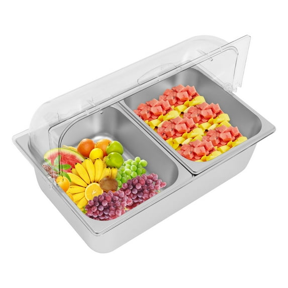 Stainless Steel Countertop Food Serving Display Container Condiment Dispenser Display Rack with Lid 2 Pcs Clamps 2 Pcs Spoons 3 Pcs Water Bags for Salad Buffet Restaurant(2 Compartments)