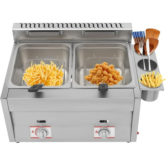 Stainless Steel Countertop Gas Fryer,10L*2 Commercial LPG Gas Deep Fryer Countertop Commercial Dual Tank Kitchen Fat Fryer Machine Snack Fryer For French Fries Restaurant Home Kitchen