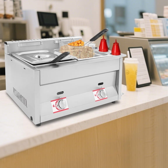 Stainless Steel Countertop Gas Fryer, Commercial LPG Gas Deep Fryer with 2 Basket Propane LPG Oil Frying Pot Kitchen Frying Machine Snack Fryer For French Fries Restaurant Home Kitchen
