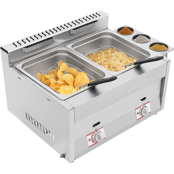 Stainless Steel Countertop Gas Fryer Commercial LPG Gas Deep Fryer with 2 Basket Propane LPG Oil Frying Pot Kitchen Frying Machine Snack Fryer For French Fries Restaurant Home
