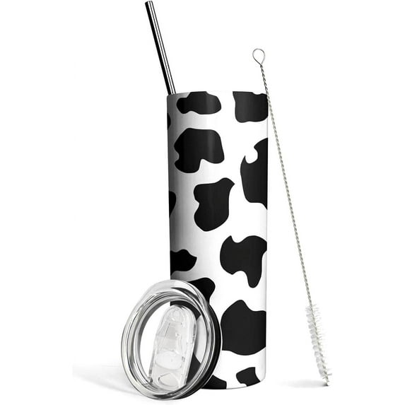 20 oz Stainless Steel Tumbler with Lid and Straw - Insulated Cow Print Thermal Cup - Slim Design Cow Themed Decor - Gift for Women, Birthday Present