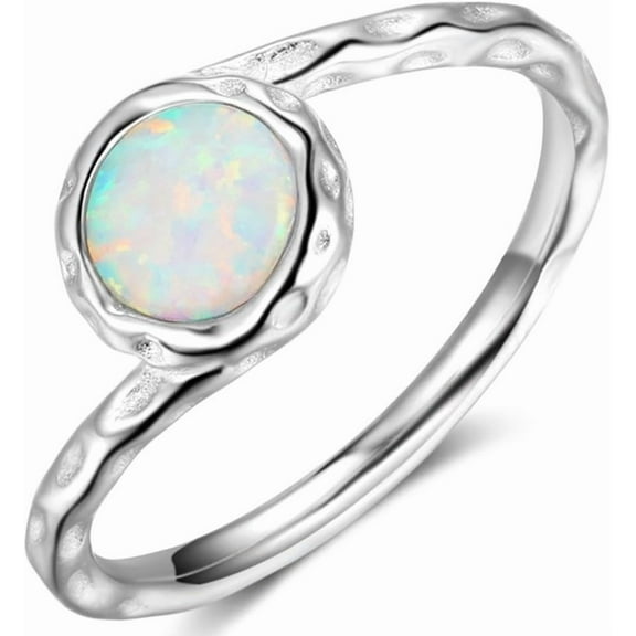 Stainless Steel Created Opal Hammered Wave Solitaire Wedding Engagement Promise Ring