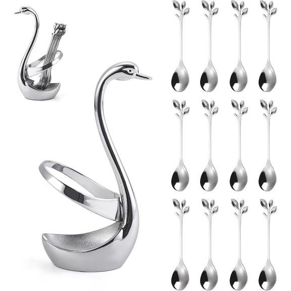 Stainless Steel  Creative Dinnerware Set  - Decorative Swan Base Holder with 12 Leaf Spoons for Coffee, Fruit,Dessert,Stirring, Mixing, Sugar, Stir, Ice Cream, Cake, Teaspoon ()