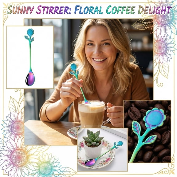 Stainless Steel Creative Sunflower Coffee Spoon, 5.31 Inch Decorative Stirring Spoon for Tea, Dessert, Gift, Rainbow Finish