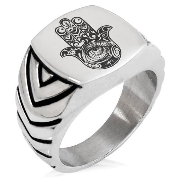 Tioneer Stainless Steel Crescent Hamsa Hand of Fatima Chevron Pattern Biker Style Polished Ring