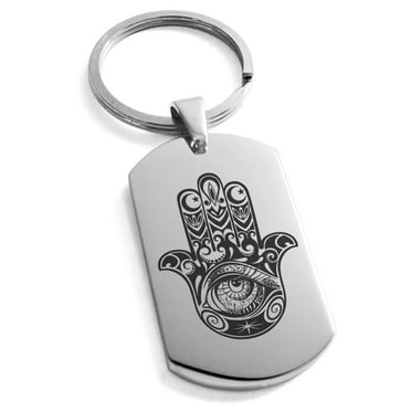 Stainless Steel Crescent Hamsa Hand of Fatima Engraved Dog Tag Keychain Keyring