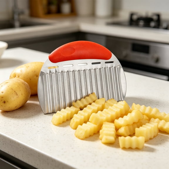 Stainless Steel Crinkle Cutter, Wavy Potato Slicer, French Fry Cutting Tool for Kitchen Vegetables, Sharp Corrugated Blade for Carrots & Pickles, Easy Grip Handle, Red
