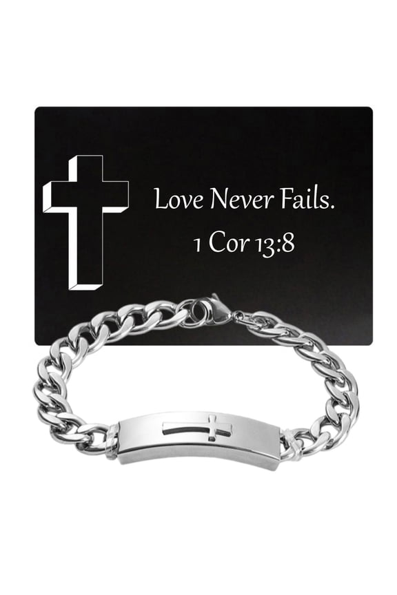 Stainless Steel Cross Cuban Chain Bracelet with Scripture Wallet Card - Christian Faith Gift Set, Inspirational Jesus Cross Bracelet & Bible Verse Card, Men's Christian Jewelry Gift for Him, 9 inch