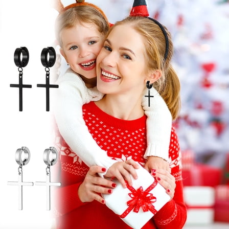 Stainless Steel Cross Earrings Set for Men Women Dangle Hinged Men Women Earrings Silver Black