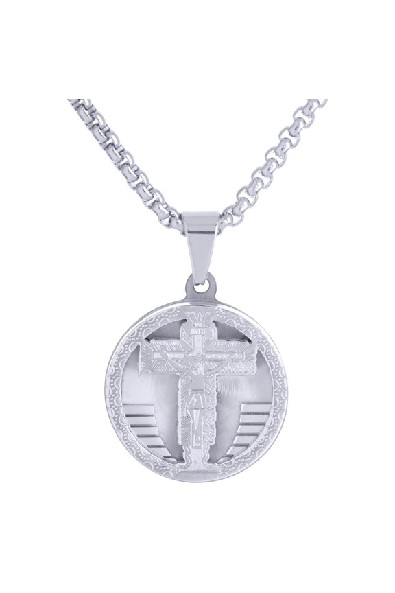 Stainless Steel Cross Jesus Medallion Pendant with Box Chain 24" SCP 164 S