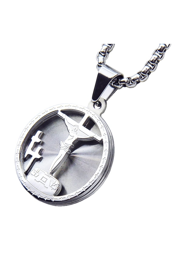 Stainless Steel Cross Jesus Medallion Pendant with Box Chain 24" SCP 165 S