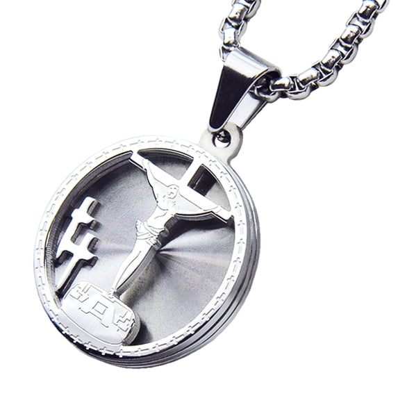 Stainless Steel Cross Jesus Medallion Pendant with Box Chain 24" SCP 165 S