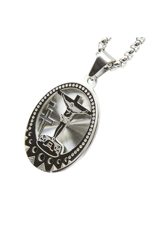 Stainless Steel Cross Jesus Oval Pendant with Box Chain 24" SCP 166 S