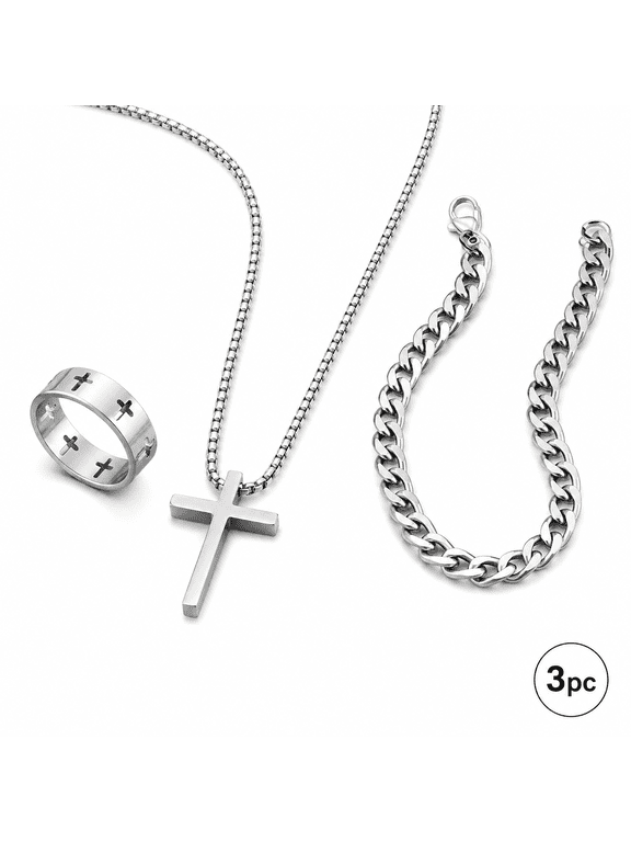 Stainless Steel Cross Jewelry Set, 3 Piece Necklace Bracelet Ring Set, Titanium Steel Religious Inspired Fashion Accessories, Minimalist Matching Jewelry Set for Daily Wear and Special Occasions