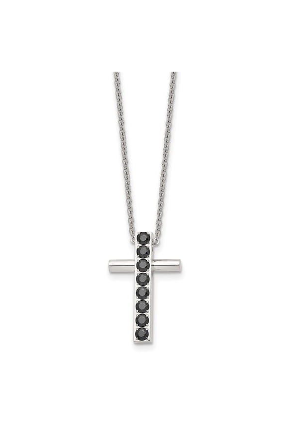 Stainless Steel Cross Necklace with Black Faceted Stones Polished Silver Pendant Modern Minimalist Design Spiritual Jewelry for Men and Women Elegant Statement Accessory for Daily or Formal Wear