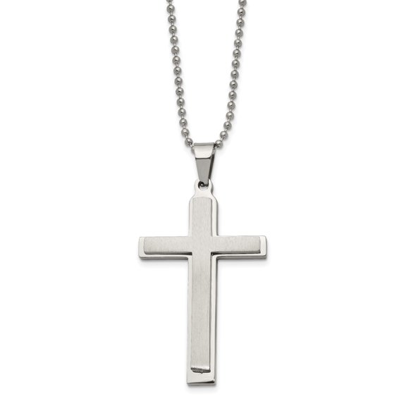 Stainless Steel Cross Pendant Necklace with 22 in Ball Chain, Religious Polished Brushed