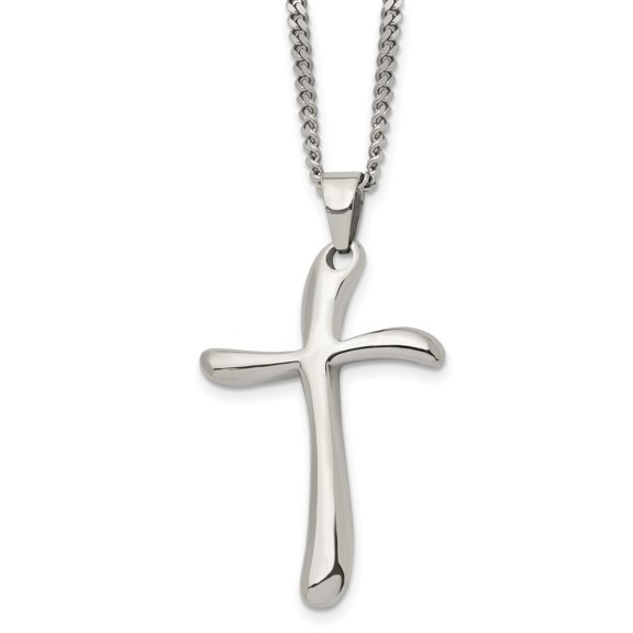 Stainless Steel Cross Pendant Necklace, 22 in Curb Chain, Polished Religious Jewelry