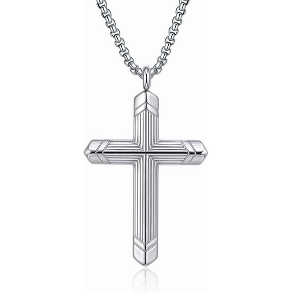 Stainless Steel Silver Cross Necklace for Men, Cross Pendant Necklace Jesus Necklace, Faith Gifts for Men Father Uncle Son Christians