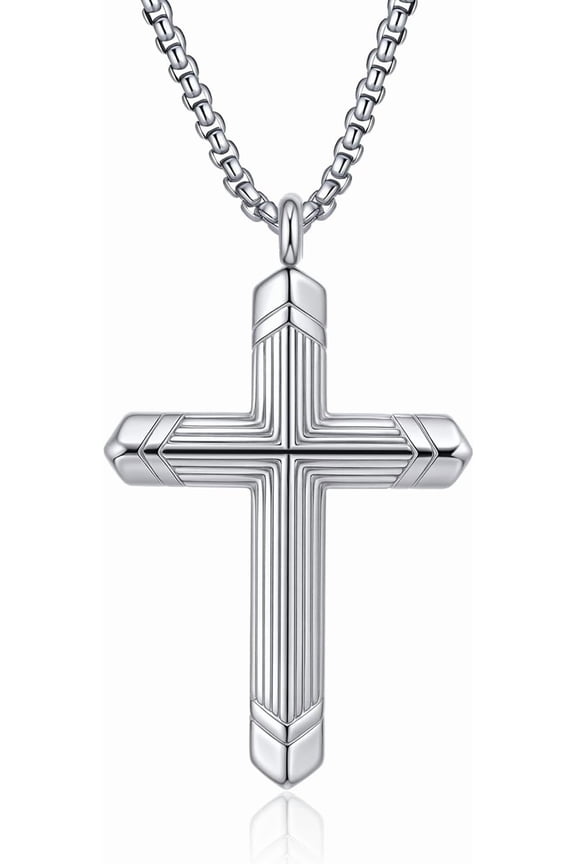 Stainless Steel Silver Cross Necklace for Men, Cross Pendant Necklace Jesus Necklace, Faith Gifts for Men Father Uncle Son Christians