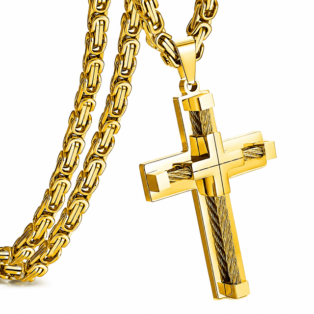 Stainless Steel Cross Necklace for Men, Gold Byzantine Chain, Chunky ...