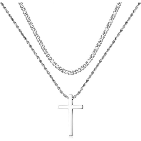 Stainless Steel Cross Necklaces for Men Layered Cuban Link Chain Rope Chain Mens Cross Necklaces Black Silver Gold Cross Pendant Necklace for Men Women 16-26 Inches