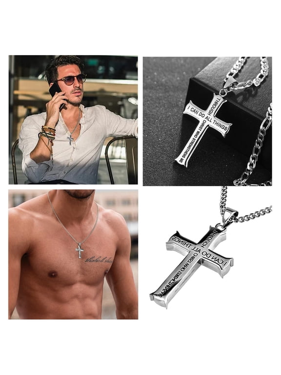Stainless Steel Cross Pendant Necklace, Engraved Verse Jewelry for Men & Women