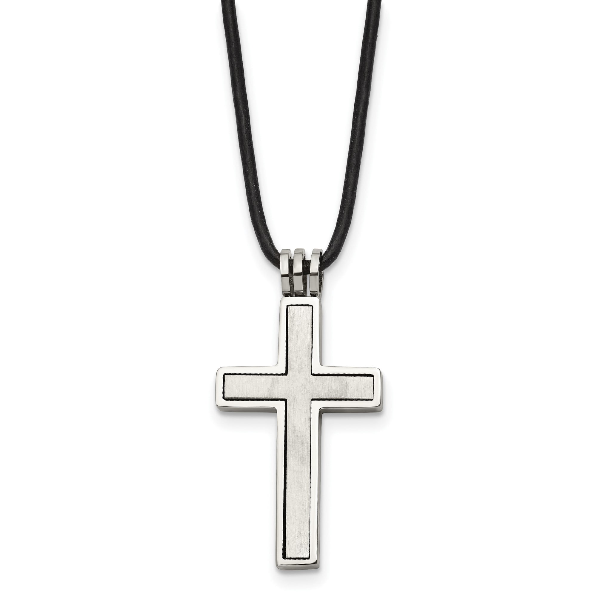 Stainless Steel Cross Pendant Necklace on 18 in Black Leather Cord for Men