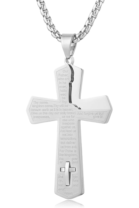 Stainless Steel Cross Pendant Necklace for Men- Engraved Our Father Prayer Religious Jewelry, Polished Christian Cross Charm for Gifts