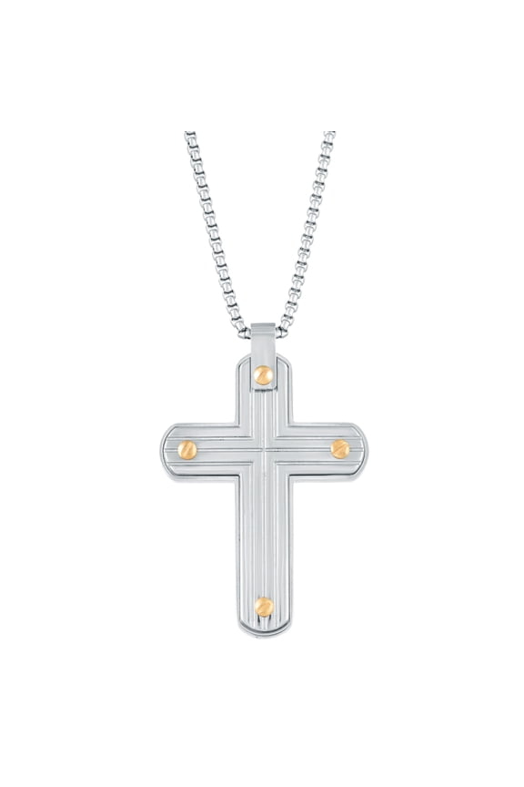 Textured Cross Pendant Necklace in Stainless Steel on 24 Inches Long Box Chain