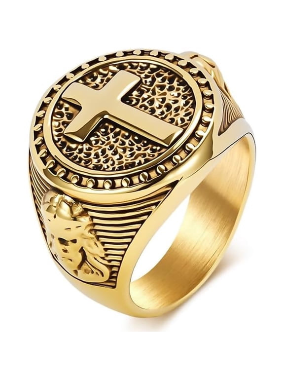 Stainless Steel Cross Ring for Men Women, Christian Cross Signet Ring, Gold Silver Two Tone Religious Statement Ring, Vintage Stainless Steel Faith Jewelry Gift for Daily Wear