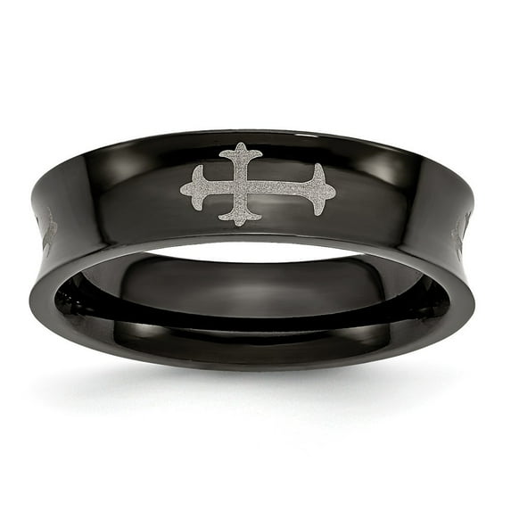 Stainless Steel Crosses and Black-plated 6mm Band Ring - Size 6.5