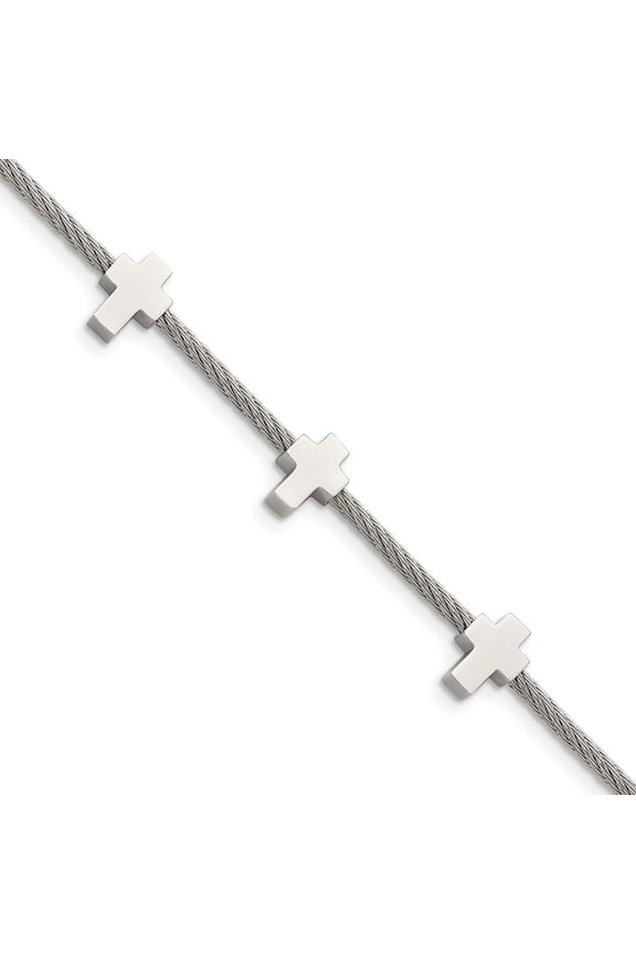 Stainless Steel Crosses on Twisted Wire Bracelet Fine Jewelry For Women Gifts For Her, 7.5" +.75" Extender
