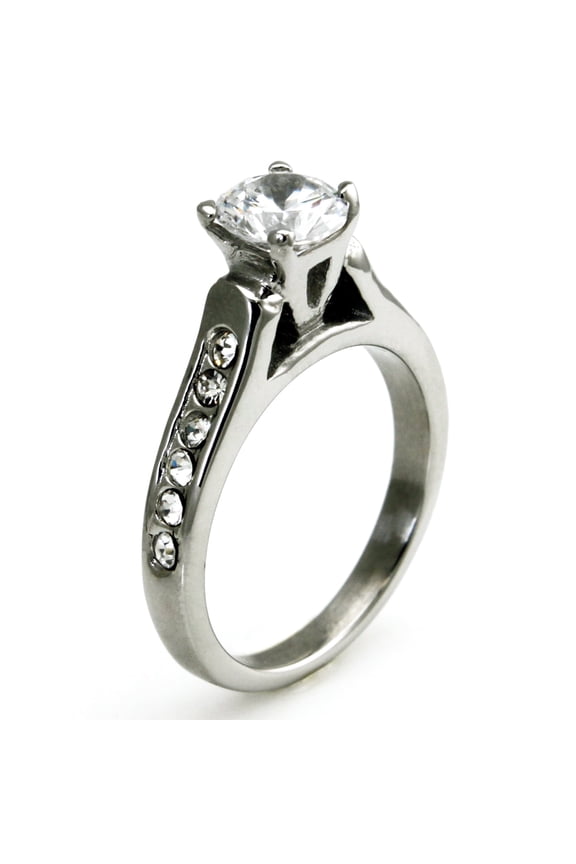 Stainless Steel Crown Cubic Zirconia Solitaire Promise Engagement Ring