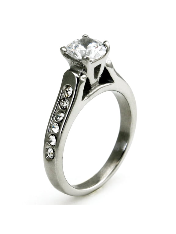 Stainless Steel Crown Cubic Zirconia Solitaire Promise Engagement Ring