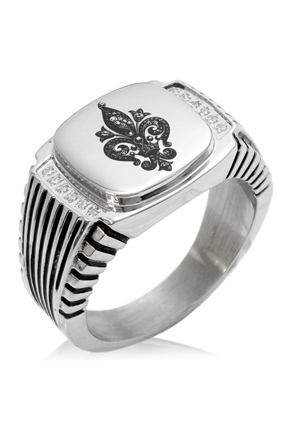 Stainless Steel Crown Fleur De Lis CZ Ribbed Needle Stripe Pattern Biker Style Polished Ring