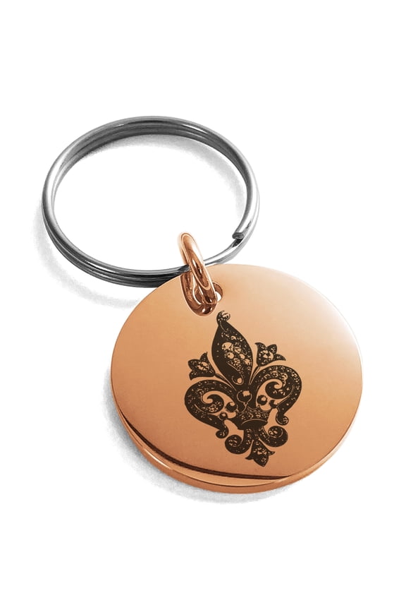 Stainless Steel Crown Fleur De Lis Engraved Small Medallion Circle Charm Keychain Keyring