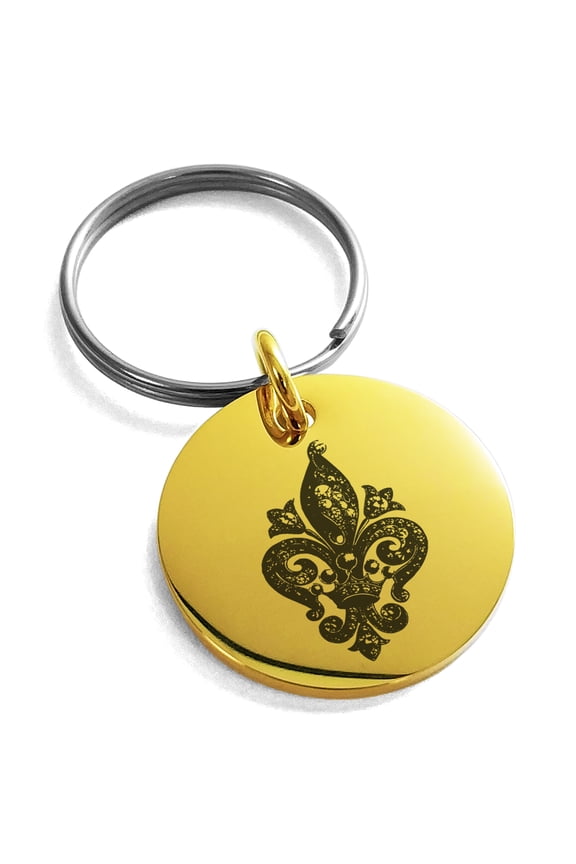 Stainless Steel Crown Fleur De Lis Engraved Small Medallion Circle Charm Keychain Keyring